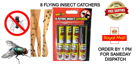 8 x BEAT IT FLYING INSECT CATCHER STICKY GLUE PAPER STRIPS TRAPS