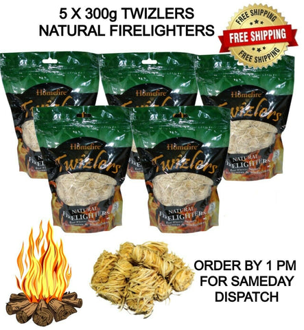 5 X HOMEFIRE TWIZLERS NATURAL FIRELIGHTERS - WOOD WOOL 300g