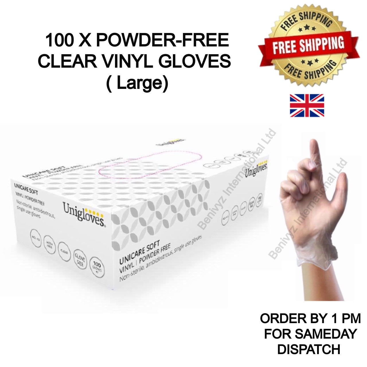 100 Disposable CLEAR Vinyl Gloves POWDER FREE-LATEX FREE-LARGE