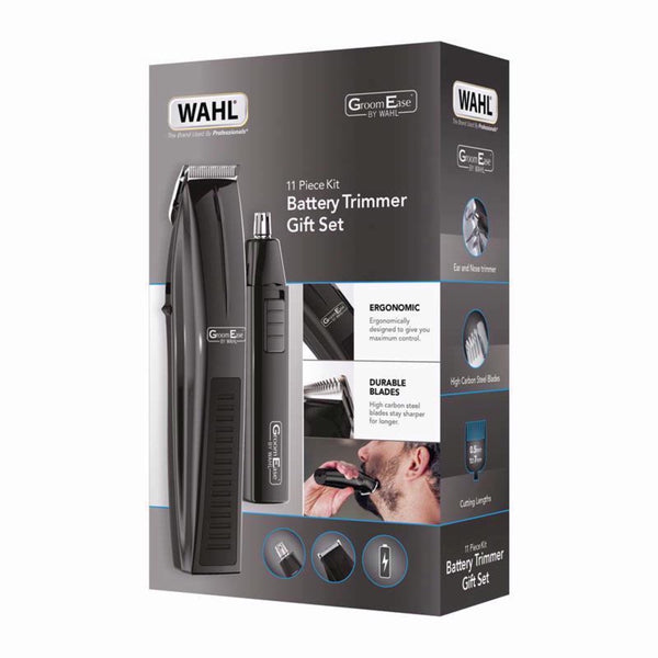 WAHL Men's GroomEase Trimmer 11 Piece GIFT SET - Black(Batteries & Pouch)
