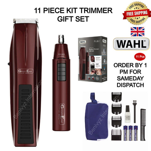 WAHL Men's GroomEase Trimmer 11 Piece GIFT SET - BURGUNDY(Batteries & Pouch)