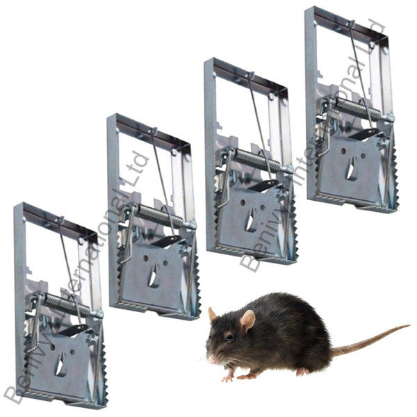 BIL 4 x Classic Metal Rat Traps | Reusable Rat Mouse Rodent Large Metal Snap Traps | Traditional Galvanized Metal Rodent Traps Effective For Indoor/Outdoor Use